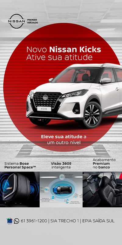 Peça vertical do lançamento do Nissan Kicks com o carro em destaque sobre um círculo vermelho